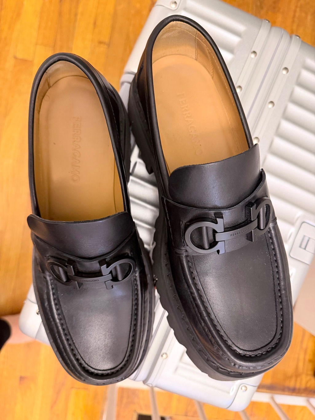 Salvatore Ferragamo Black Leather Gancini-Trim Slip-On Loafers